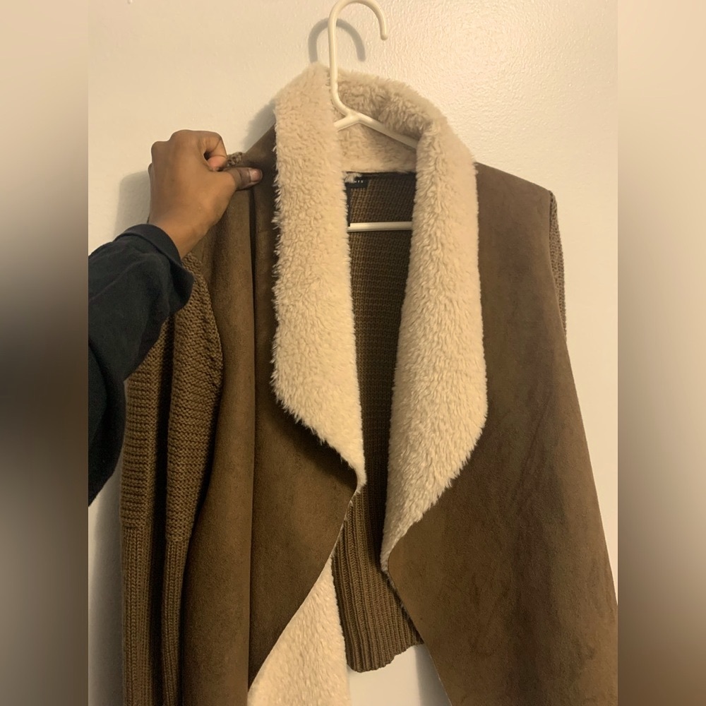 Grace Elements Sweater-Sleeve Faux-Shearling Cardigan